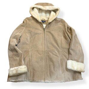 Women’s Suede Penny Lane Coat Tan Ivory Faux Fur Hood Cuffs Sz XXXL Boho